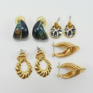 90s Vintage Lot of 4 Pair Earrings Gold Tone Enamel Stud Hoop Dangle Preppy Mod